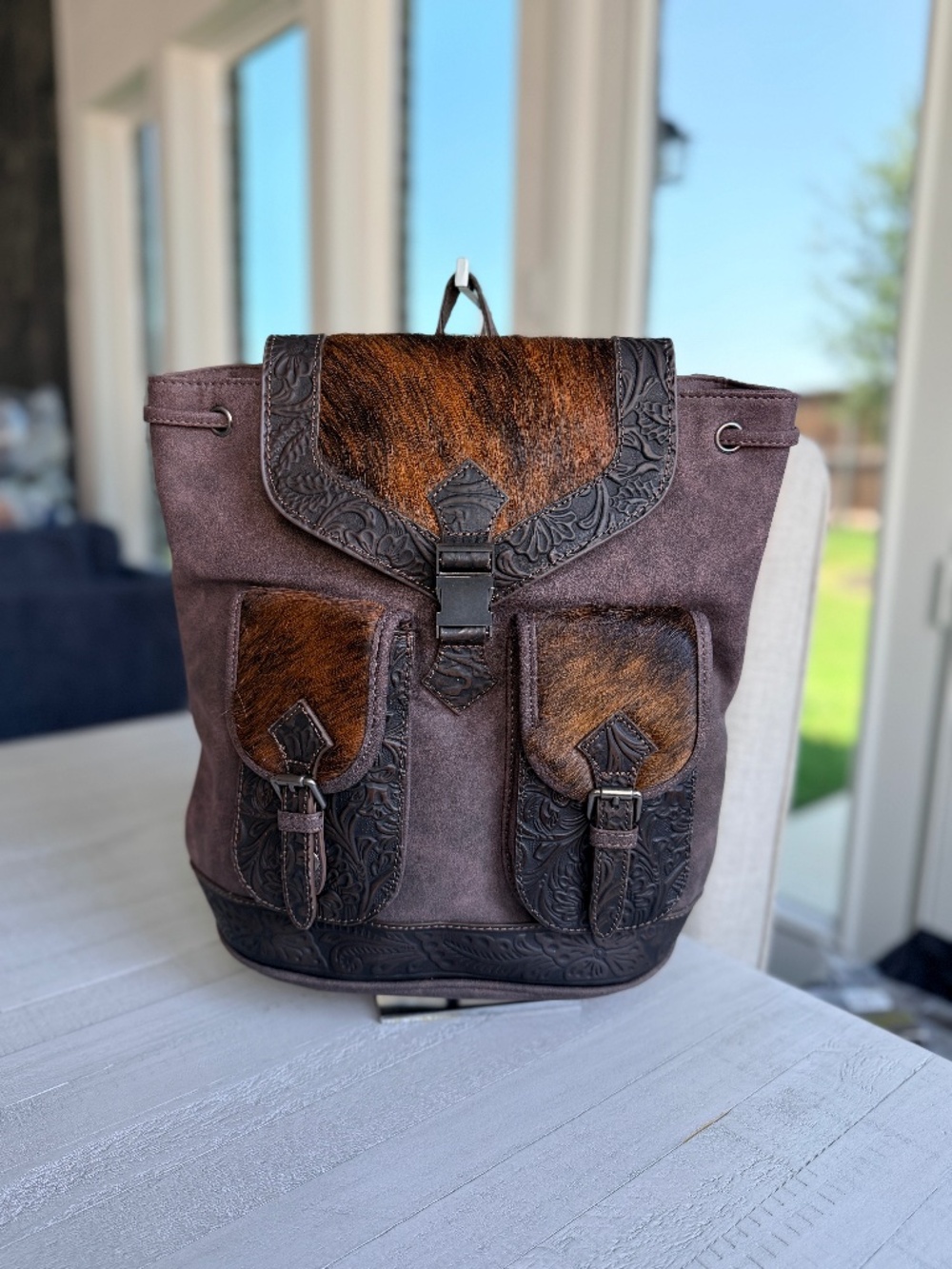 Trinity Ranch Genuine Hair-On Cowhide Tooled Backpack Coffee